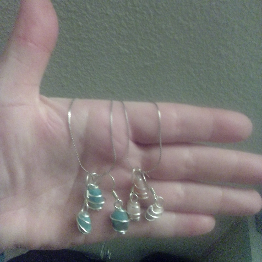 **All Sold ***Tiny Silver and Pink/ Blue Pendant Necklace Set